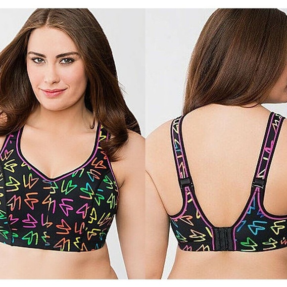 Cacique Intimates & Sleepwear Cacique Sports Bra Size 42dd Black Rainbow Neon Heart Print